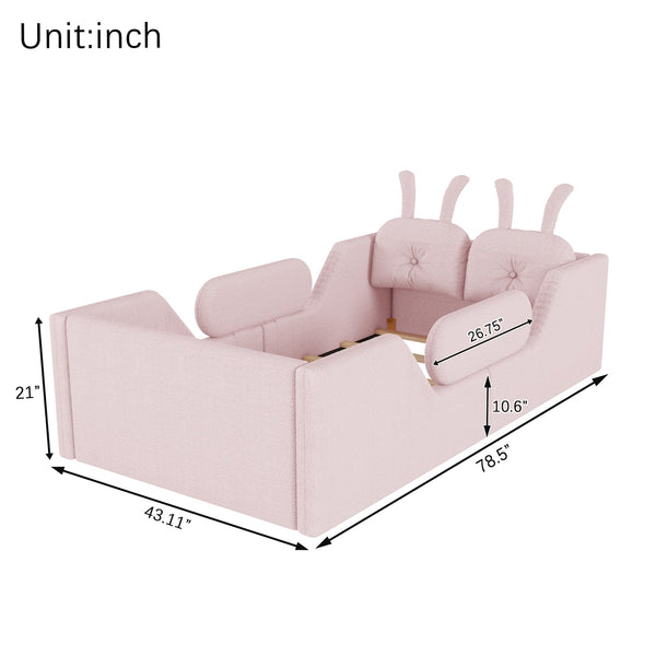 English Elm Twin Kids Platform Bed Teddy Fabric Upholstered with Bunny Cushions and Safety Rails Pink W2593P395807