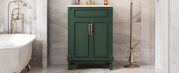 English Elm 24'' Bathroom Vanity with Sink - Solid Wood Frame, Glossy Ceramic Basin, Soft-Close Doors & Ample Storage Elegant Modern Design, Durable MDF Construction, Retro Metal Handles, Compact 24-inch Cabinet Green N710P317675F