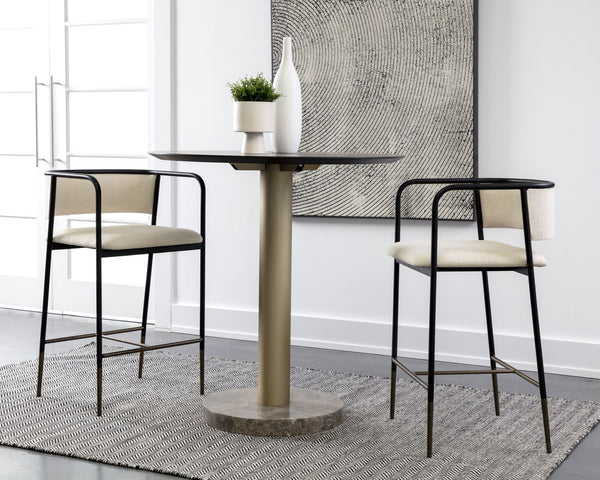Sunpan Brenan Counter Stool - Elegant Curved Backrest, Unique Faux Leather, Black Metal Frame & Brass Caps Zenith Alabaster