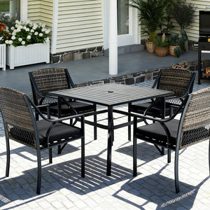 English Elm 5-piece Outdoor Dining Set Square Steel Table Pe Rattan Chairs with Cushions Patio T5880S00023