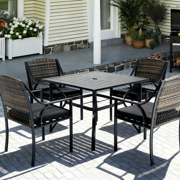 English Elm 5-piece Outdoor Dining Set Square Steel Table Pe Rattan Chairs with Cushions Patio T5880S00023