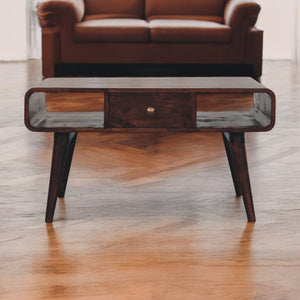 English Elm Solid Wood Curved Coffee Table In California Walnut - 2 Drawers, 2 Shelves & Nordic Legs, Dark Brown B182P279277-GIGA