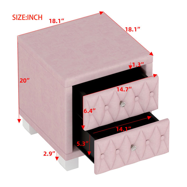 English Elm Elegant Velvet Upholstered Nightstand with Crystal Knobs Tufted Glam Bedside Storage Pink N733P210398H