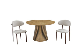 English Elm Round Beech Wood 3 Piece Dining Set with Walnut Finish and Beige Upholstered Chairs W3590S00026