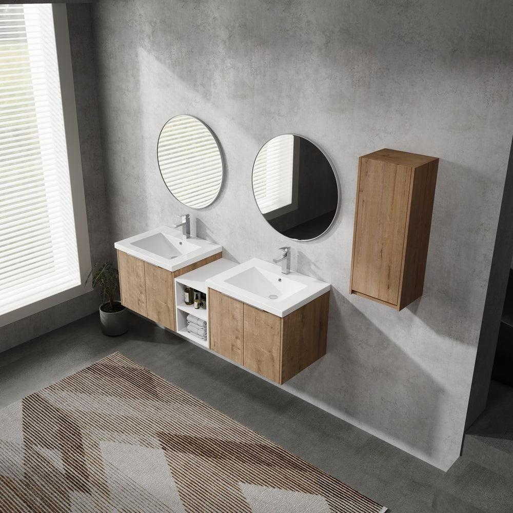 English Elm 60" Modern Wall-Mounted Bathroom Vanity Combo With Soft Close Doors, Dual Sinks & Side Cabinet Storage W999S00226