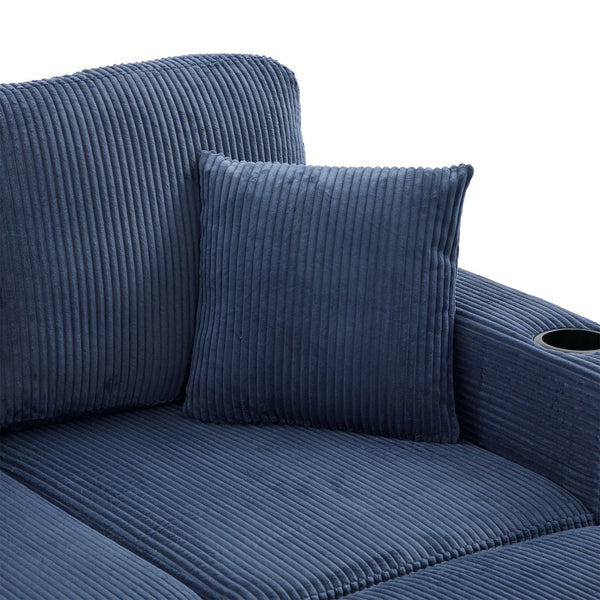 English Elm UNITED Corduroy L-Shaped Sectional Sofa with Storage Ottoman, USB Ports, Cup Holders & LED Lighting Navy W1568P332406