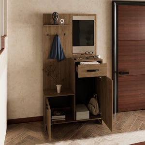 English Elm Parker 75" Tall Mirrored Hall Tree with Hangers, Drawer, Shelves & Cabinets in Light Oak for Entryways B200P286967