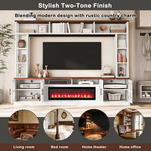 English Elm U-can Modern Farmhouse Wall Unit with Electric Fireplace Bookshelves and Glass Cabinet Doors White+Walnut SJ000153AAK