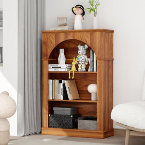 English Elm Vintage Hand-carved Solid Wood Bookcase Tall Arched Open Shelf Cabinet for Living Room W3123P485376