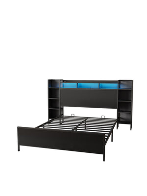 English Elm Full Platform Bed with Led Lighting Bookcase Headboard and Usb Charging Metal Frame W1670P459744