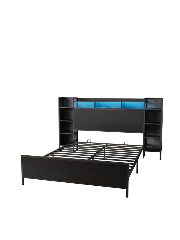 English Elm Full Platform Bed with Led Lighting Bookcase Headboard and Usb Charging Metal Frame W1670P459744