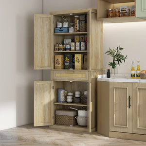 English Elm Homcom 72" Tall Boho Pantry Cabinet With Rattan Panels, 5-Tier Storage, Adjustable Shelves, Oak Finish W2225P229259
