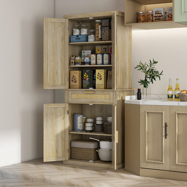 English Elm Homcom 72" Tall Boho Pantry Cabinet With Rattan Panels, 5-Tier Storage, Adjustable Shelves, Oak Finish W2225P229259