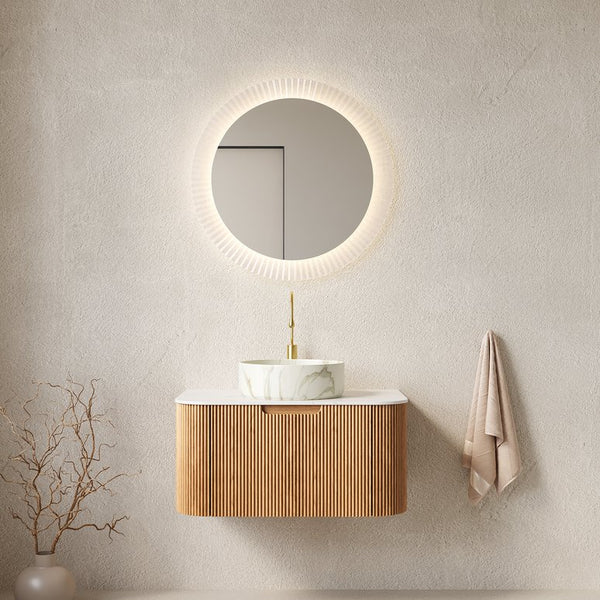 English Elm Muri Floating Bathroom Vanity Plywood Cabinet Sintered Stone Top Oak Drawer Carrara White,Natural Wood,Stone White W2615S00440