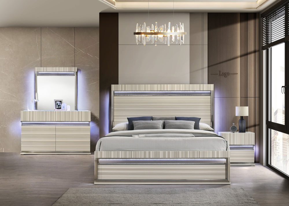 English Elm Leonor King Bedroom Set Wood Frame with Led Lighting Gray Stripe Panel Modern Suite B009S02303
