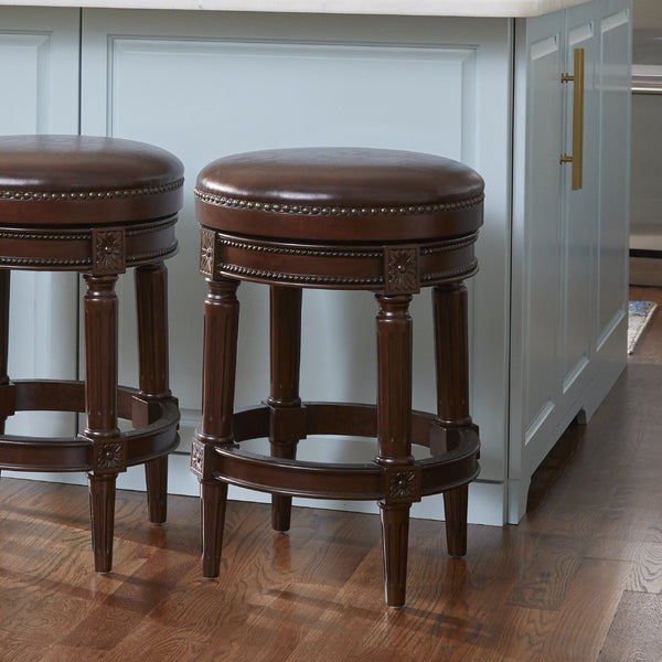 English Elm 26in. Faux Leather Swivel Barstool Nailhead Trim Carved Wood Counter Height Kitchen B2751P436436