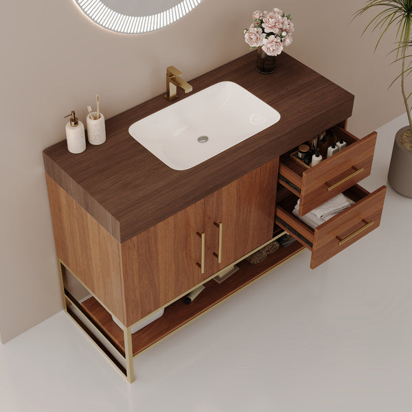 English Elm 36" Freestanding Bathroom Vanity Sintered Stone Top Integrated Basin Gold Hardware W3136S00058