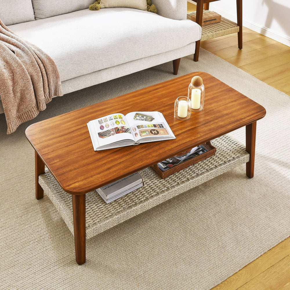 English Elm 47.25" Mid-Century Coffee Table with Woven Rattan Shelf, Wood Grain MDF Top & Solid Rubberwood Legs W1801P195652