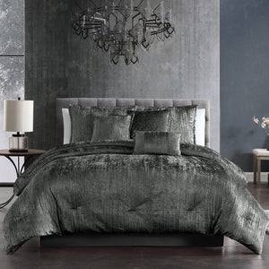 English Elm Turin Luxe 7-Piece Comforter Set King with Crinkle Velvet Texture, Bed Skirt, Shams & Pillows Charcoal B340P341994