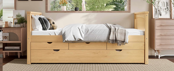 English Elm Twin Solid Wood Platform Bed with Trundle and Two Drawers, White Daybed for Kids Guests Natural W1580S00264