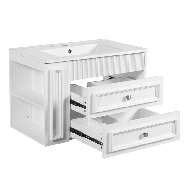 English Elm 30'' Wall Mounted Bathroom Vanity with Ceramic Sink, Floating MDF Cabinet, Soft-Close Drawers & Ample Storage White N710P334915K