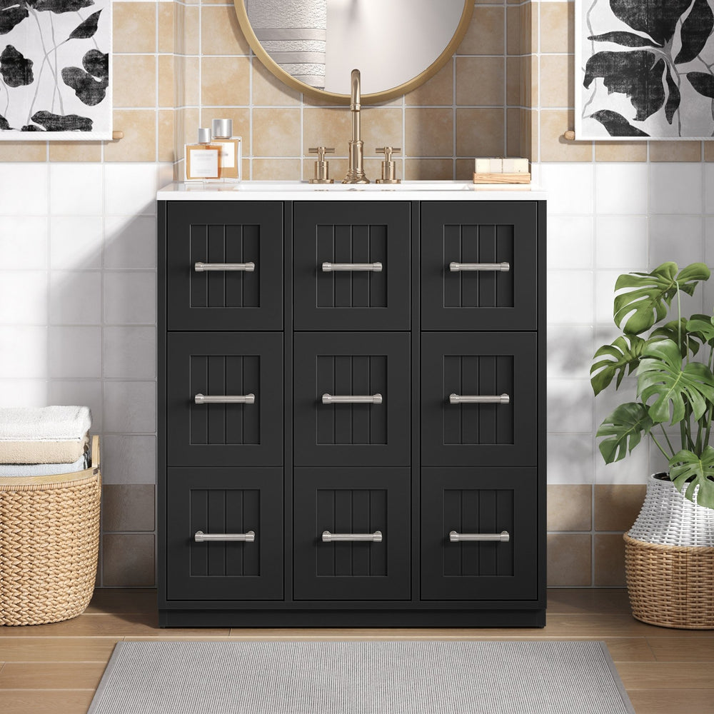 English Elm 30inch Bathroom Vanity with Undermount Sink, Tip-Out Tray, Soft-Close Doors, Spacious Drawers & Handles Black N710P331580B