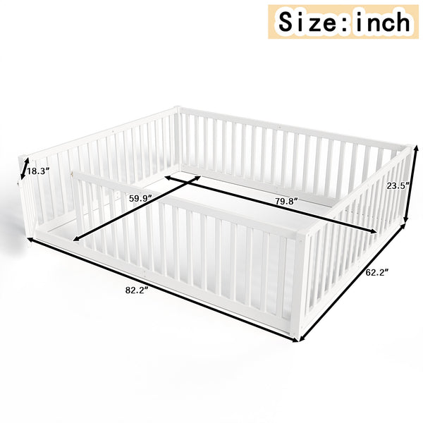English Elm Queen Kids Floor Bed Pine Wood Frame with Safety Rails Door and Low Profile Design Light White W1580P417672