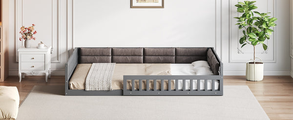 English Elm Wood Full Size Upholstered Platform Bed with Guardrail and Head Pillow, Sleek Silhouette, Sturdy 600lb Capacity Gray WF323090AAE