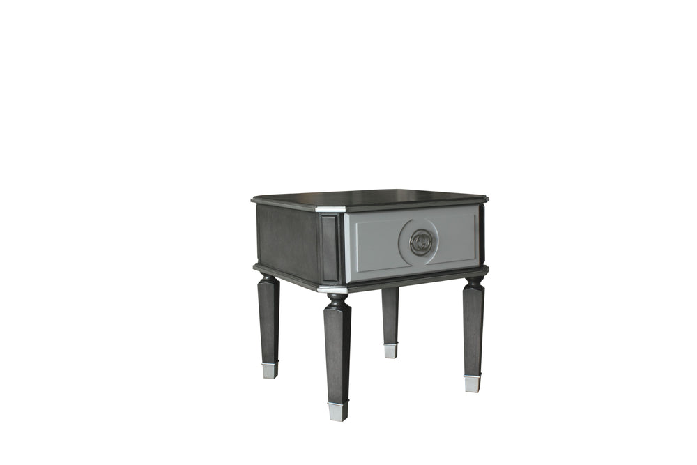 English Elm House Beatrice Charcoal & Light Gray End Table with Drawer, Silver Trim, KD Assembly, Modern Chic B2726P244956