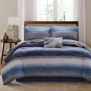 English Elm 7-piece Twin Watercolor Stripe Comforter Set with Cotton Blend Sheets Bedroom Navy Multi B035P408254