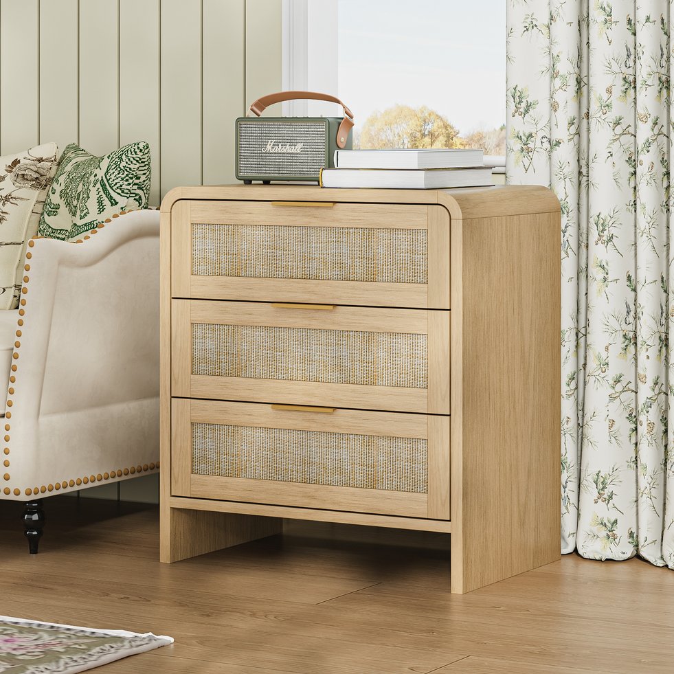 English Elm Rattan Drawer Nightstand Set with Built-in Charging Station and Open Shelf Bedroom Storage Oak W1820P416765