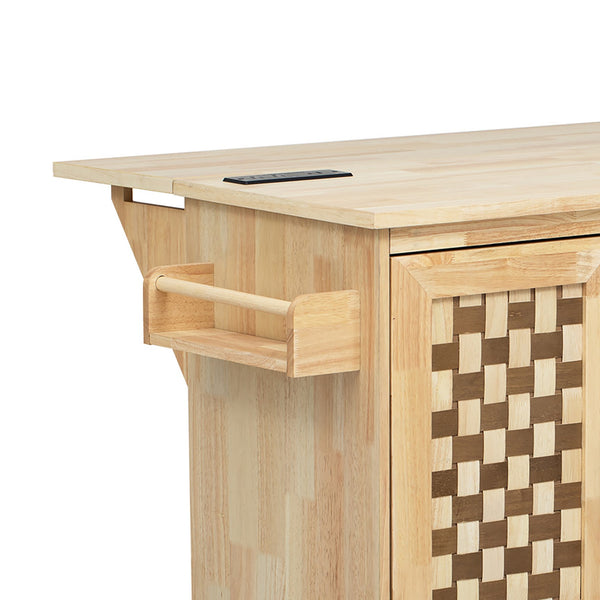 English Elm K&K Vintage Woven Checkerboard Kitchen Island 53.2" with Drop Leaf, Power Outlet, 5 Wheels, Storage N707P215328Y