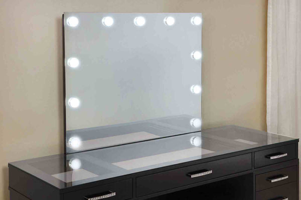 English Elm Glam Elegant Vanity Set with LED Mirror, Plush Stool, Ample Storage, Felt-Lined Drawers, Chic Finish Grey Mix 33 L x 41 W x 8 H B2741S00678