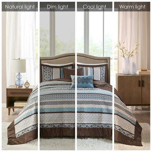 English Elm 5 Princeton Reversible Jacquard Quilt Set King/Cal King Chocolate Medallion Leaf Stripe Luxury Blue 22.83 L x 17.32 W x 10.24 H B03597542