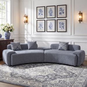 English Elm 122" Curved Sofa Off-white Fabric Four Seat Modern Living Room Couch with Damask Pillows Grey N758T030405E