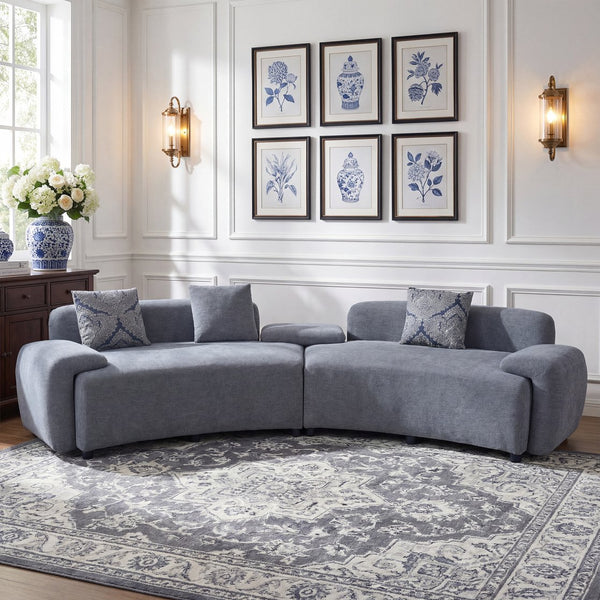 English Elm 122" Curved Sofa Off-white Fabric Four Seat Modern Living Room Couch with Damask Pillows Grey N758T030405E