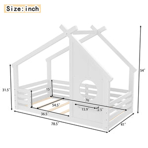 English Elm Twin House Floor Bed with Window & Shelf, Solid Wood Pitched Roof Design for Safe Cozy Sleep White W1580P362678
