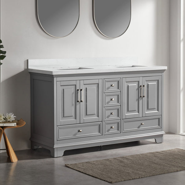 English Elm Fully 60'' Freestanding Double Bathroom Vanity with Solid Wood Base and Carrara Engineered Marble Top Gray W1826P382805