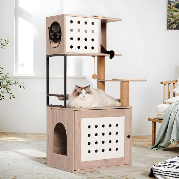 English Elm Cat Tower with Hidden Litter Enclosure Hammock Bed Feeding Station Scratching Posts W1687P304379