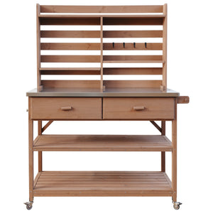 English Elm K&K 64.9" Outdoor Potting Bench with 1.2" Stainless Steel Top, Lockable Wheels, Hutch & Drawers Brown N707P228274Z