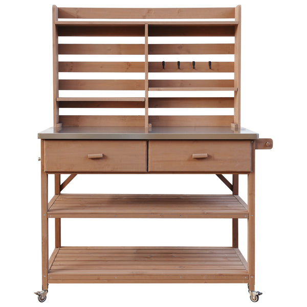 English Elm K&K 64.9" Outdoor Potting Bench with 1.2" Stainless Steel Top, Lockable Wheels, Hutch & Drawers Brown N707P228274Z