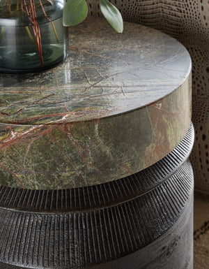 Hooker Furniture Commerce Mango Wood Accent Table With Green Forest Marble Top, Round Compact Pottery-Style Side Table 7228-80227-00