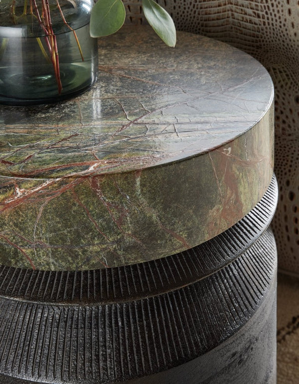 Hooker Furniture Commerce Mango Wood Accent Table With Green Forest Marble Top, Round Compact Pottery-Style Side Table 7228-80227-00