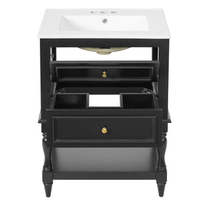 English Elm 24'' Retro Bathroom Vanity Mdf Cabinet with Ceramic Sink Open Shelf and 2 Drawers Black N710P405414B