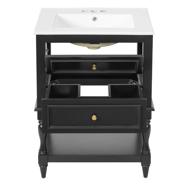 English Elm 24'' Retro Bathroom Vanity Mdf Cabinet with Ceramic Sink Open Shelf and 2 Drawers Black N710P405414B