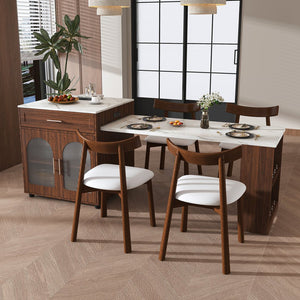English Elm 80-inch Expandable Island Dining Set Walnut Marble Top Power Outlets 4 Wood Chairs W2700S00141