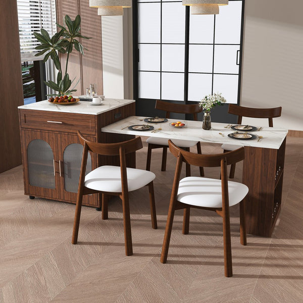 English Elm 80-inch Expandable Island Dining Set Walnut Marble Top Power Outlets 4 Wood Chairs W2700S00141