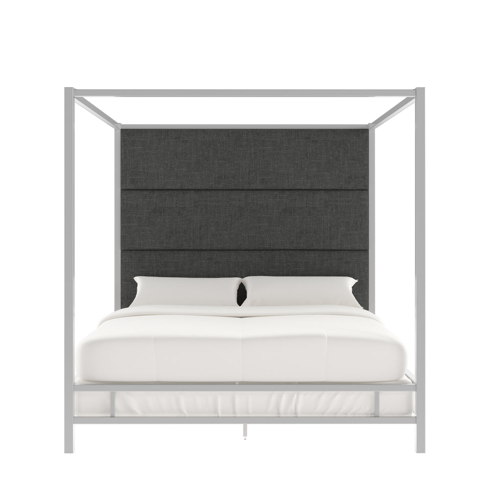 Homelegance By Top-Line Marcel Chrome Finish Metal Canopy Bed with Linen Panel Headboard Chrome Metal