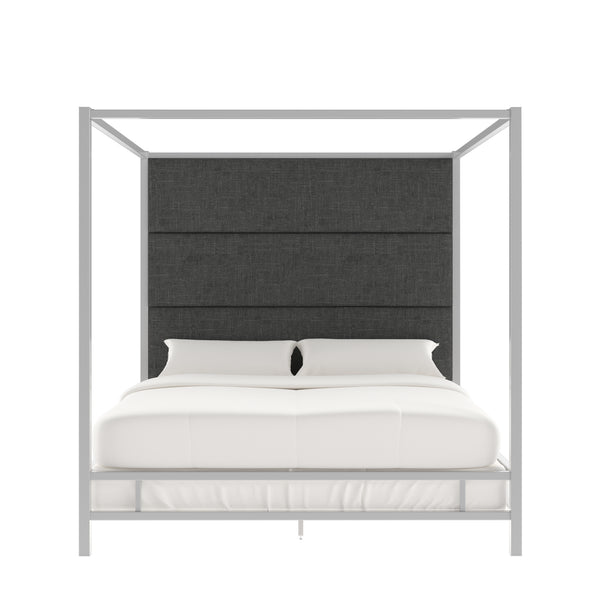 Homelegance By Top-Line Marcel Chrome Finish Metal Canopy Bed with Linen Panel Headboard Chrome Metal