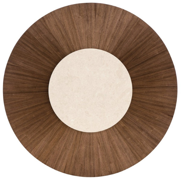 Hooker Furniture Eleana 66" Round Dining Table With Starburst Walnut Top & Sunlit Bronze Pedestal — Seats 6–8 7252-75201-85